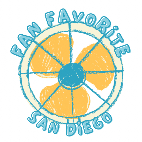 drawing of a fan with light blue grate over yellow fan blades. Across the top curve of the fan it reads 'Fan Favorite' in light blue letters. Across the bottom curve of the fan it reads 'San Diego' in light blue letters. Illustrated in a playful style of colored pencils/crayons and markers.